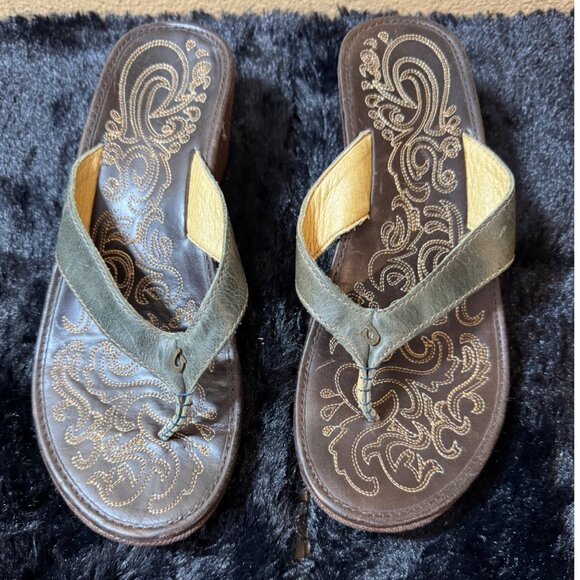 OluKai Leather Embroidered Wedge Sandals With Non-Marking Sole Brown - Picture 1 of 10